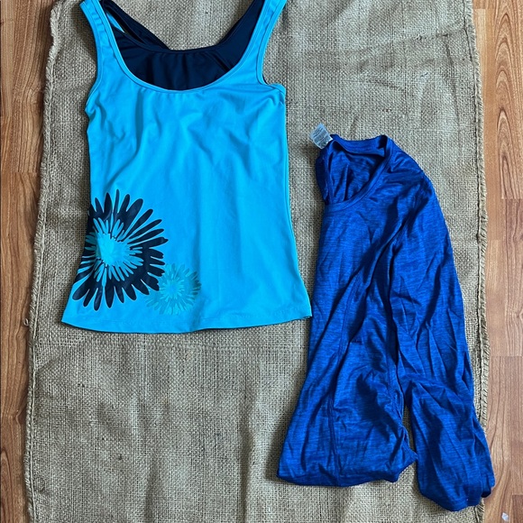 Tops - Turquoise Floral Athletic yoga Tank and Royal Blue Top set of 2 long sleeve/tank